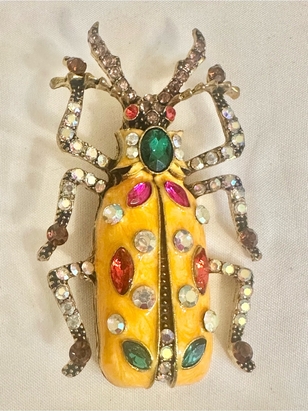 VTG Decorative Orange/Yellow Jeweled Beetle Brooch - Green Center Stone
